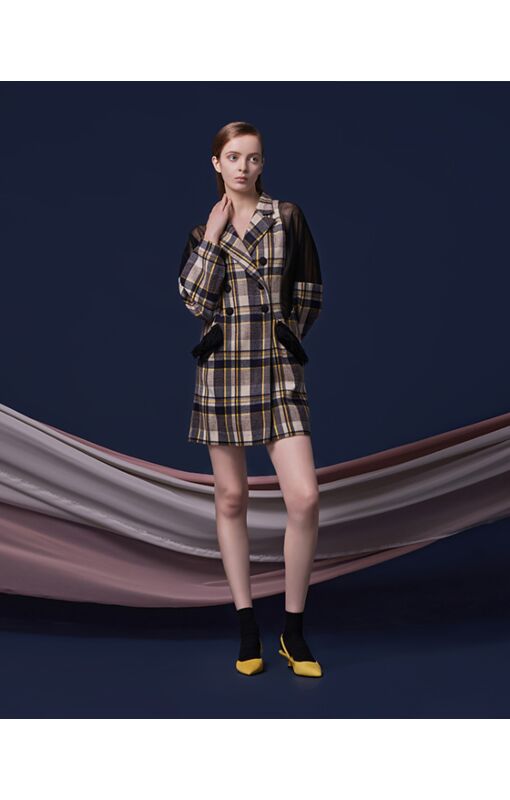 格紋透膚長袖外套/洋裝（黃色）Plaid  tulle  long-sleeved jacket/dress